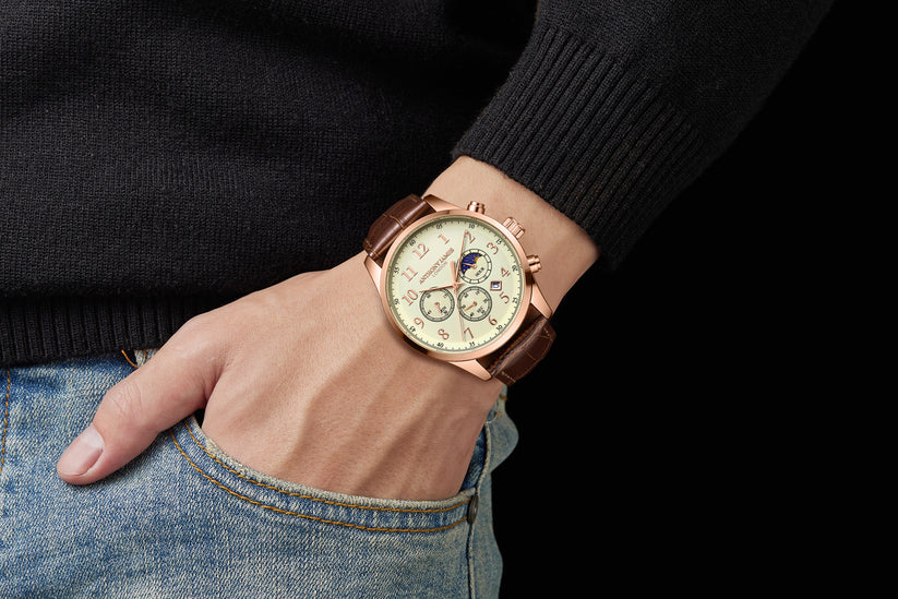 Hand Assembled Anthony James Limited Edition Moonphase Chronograph Rose White