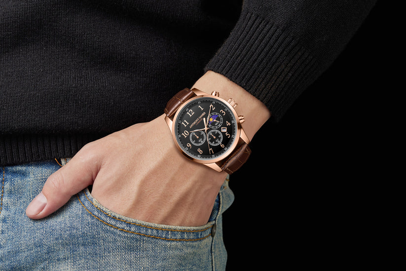Hand Assembled Anthony James Limited Edition Moonphase Chronograph Rose Black