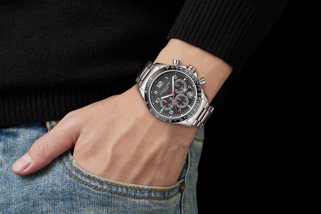 Hand Assembled Anthony James Limited Edition Tachymeter Chrono Steel Black