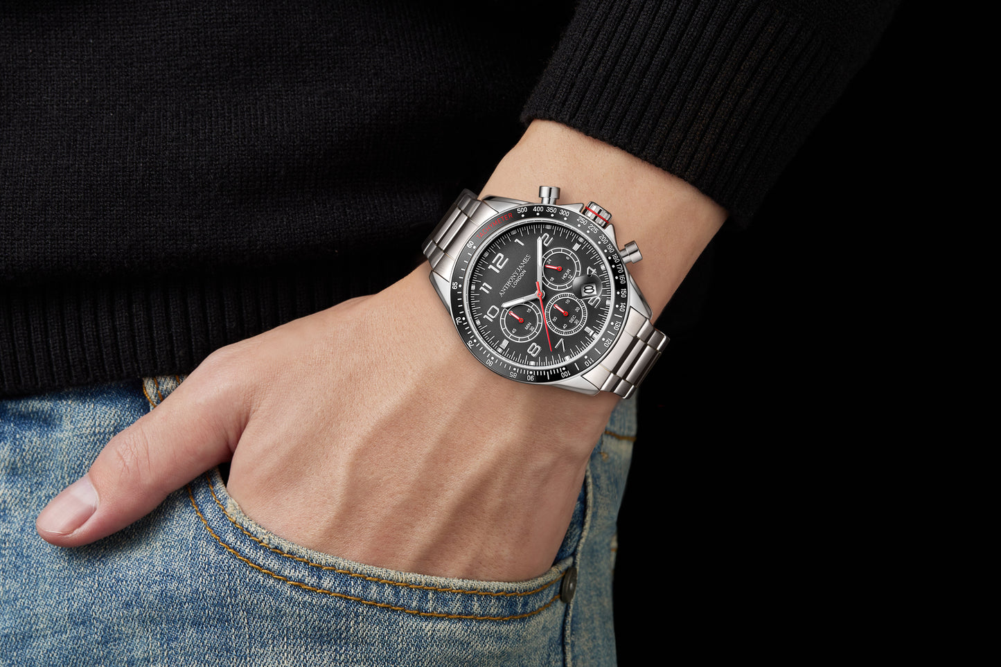 Hand Assembled Anthony James Limited Edition Tachymeter Chrono Steel Black