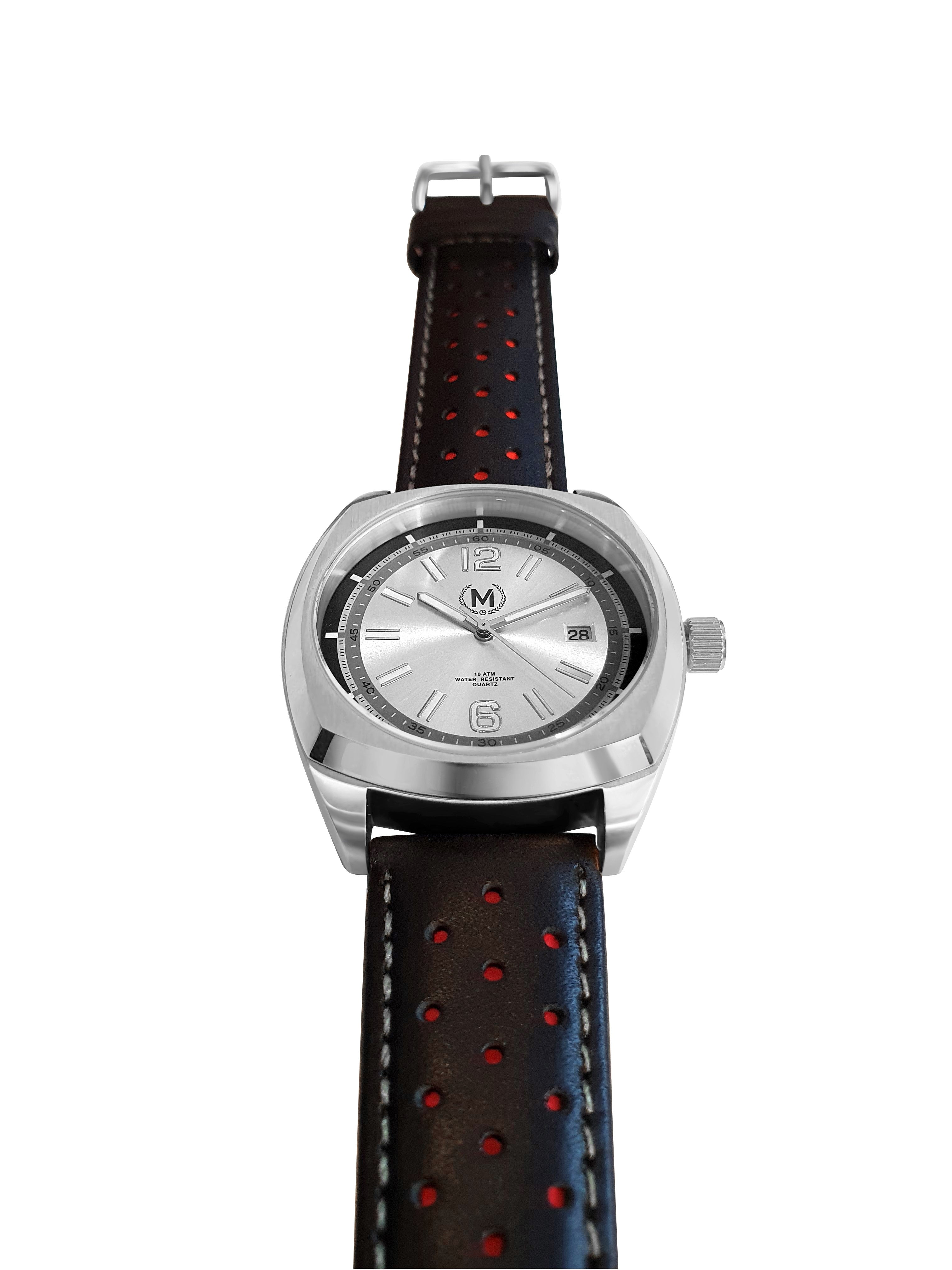 Silver Dial Driver, Black And Red Strap