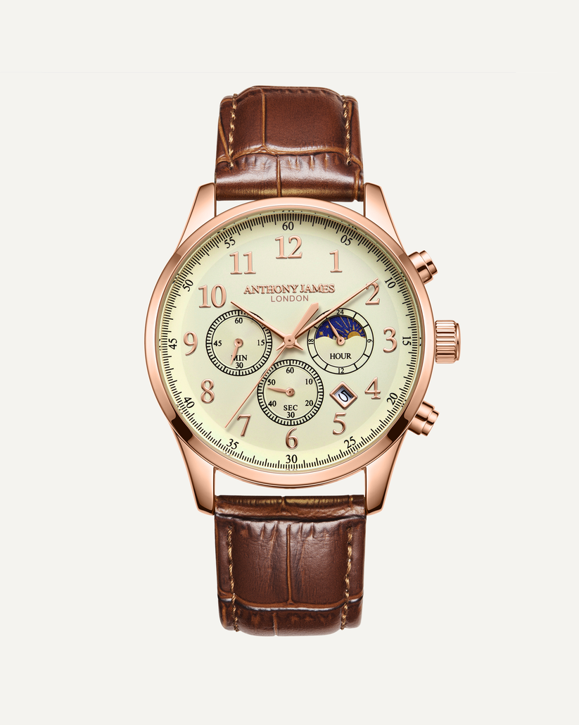 Hand Assembled Anthony James Limited Edition Moonphase Chronograph Rose White