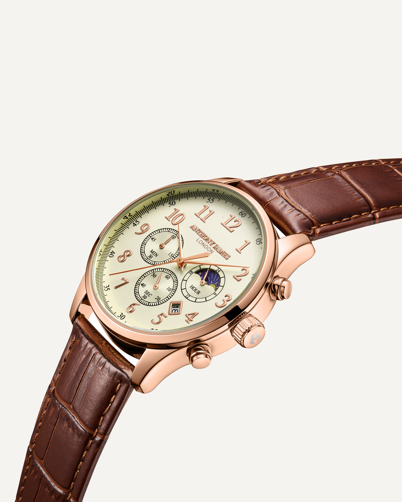 Hand Assembled Anthony James Limited Edition Moonphase Chronograph Rose White