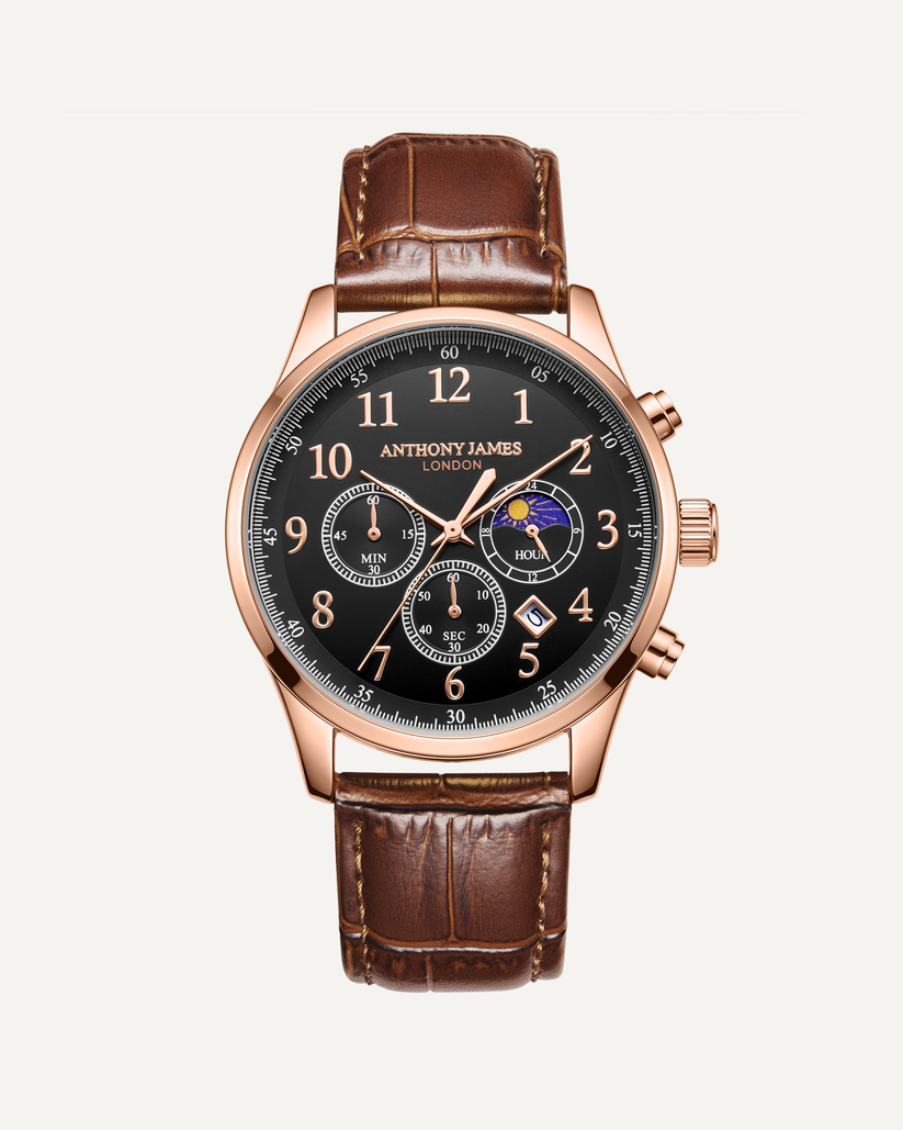 Hand Assembled Anthony James Limited Edition Moonphase Chronograph Rose Black