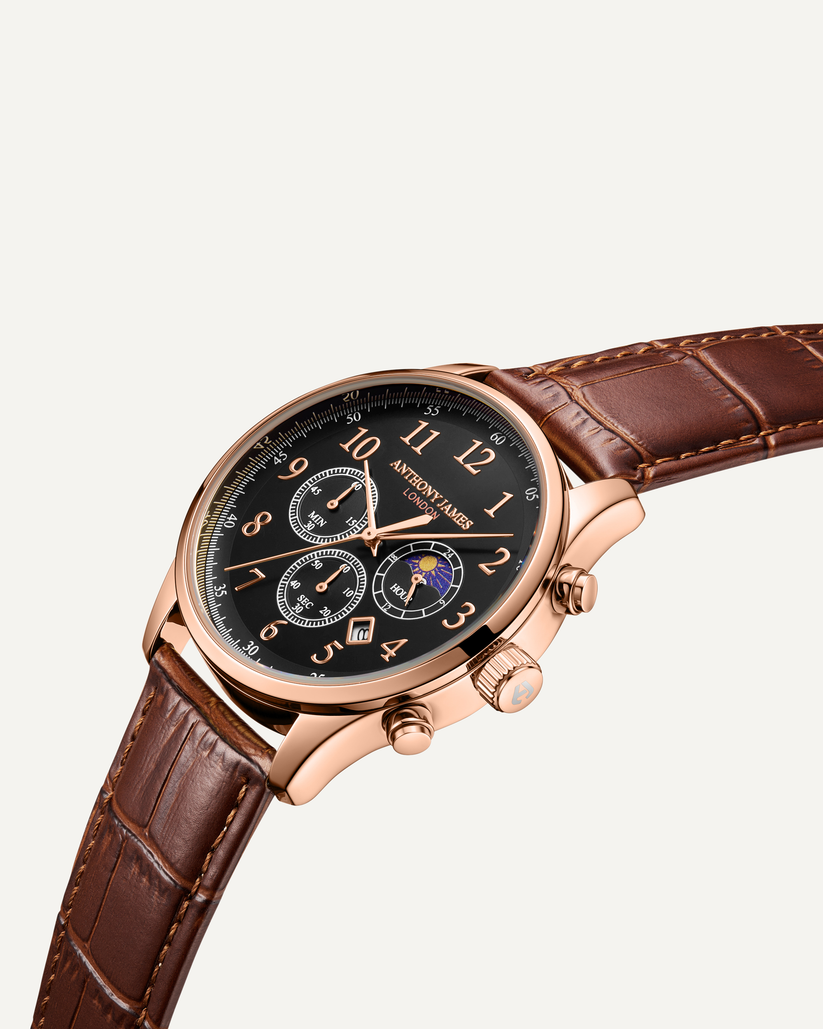 Hand Assembled Anthony James Limited Edition Moonphase Chronograph Rose Black