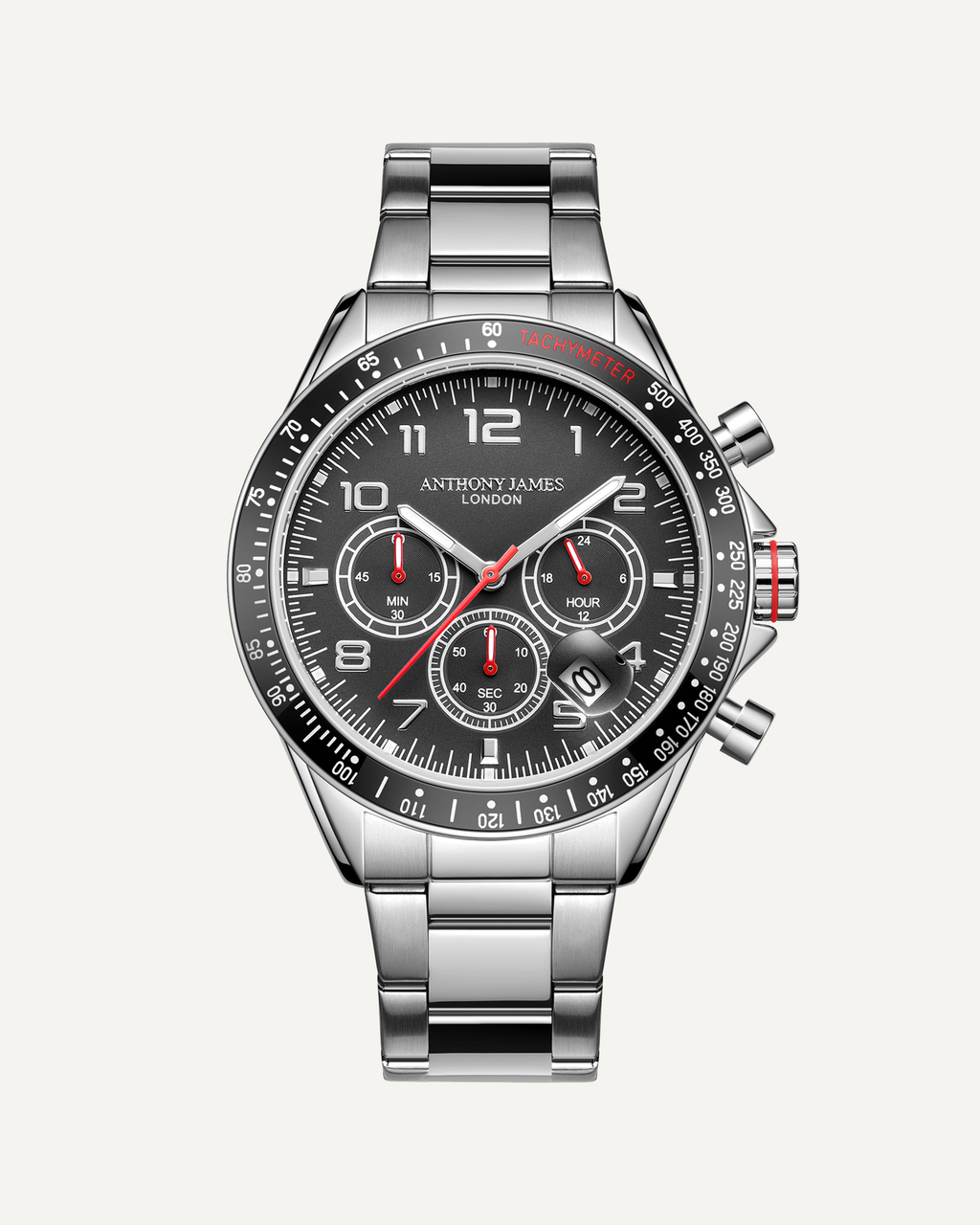 Hand Assembled Anthony James Limited Edition Tachymeter Chrono Steel Black