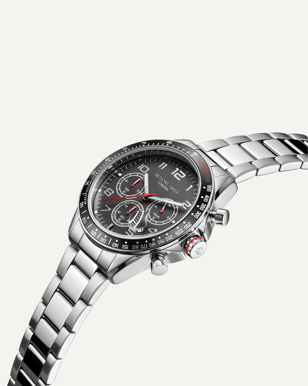 Hand Assembled Anthony James Limited Edition Tachymeter Chrono Steel Black