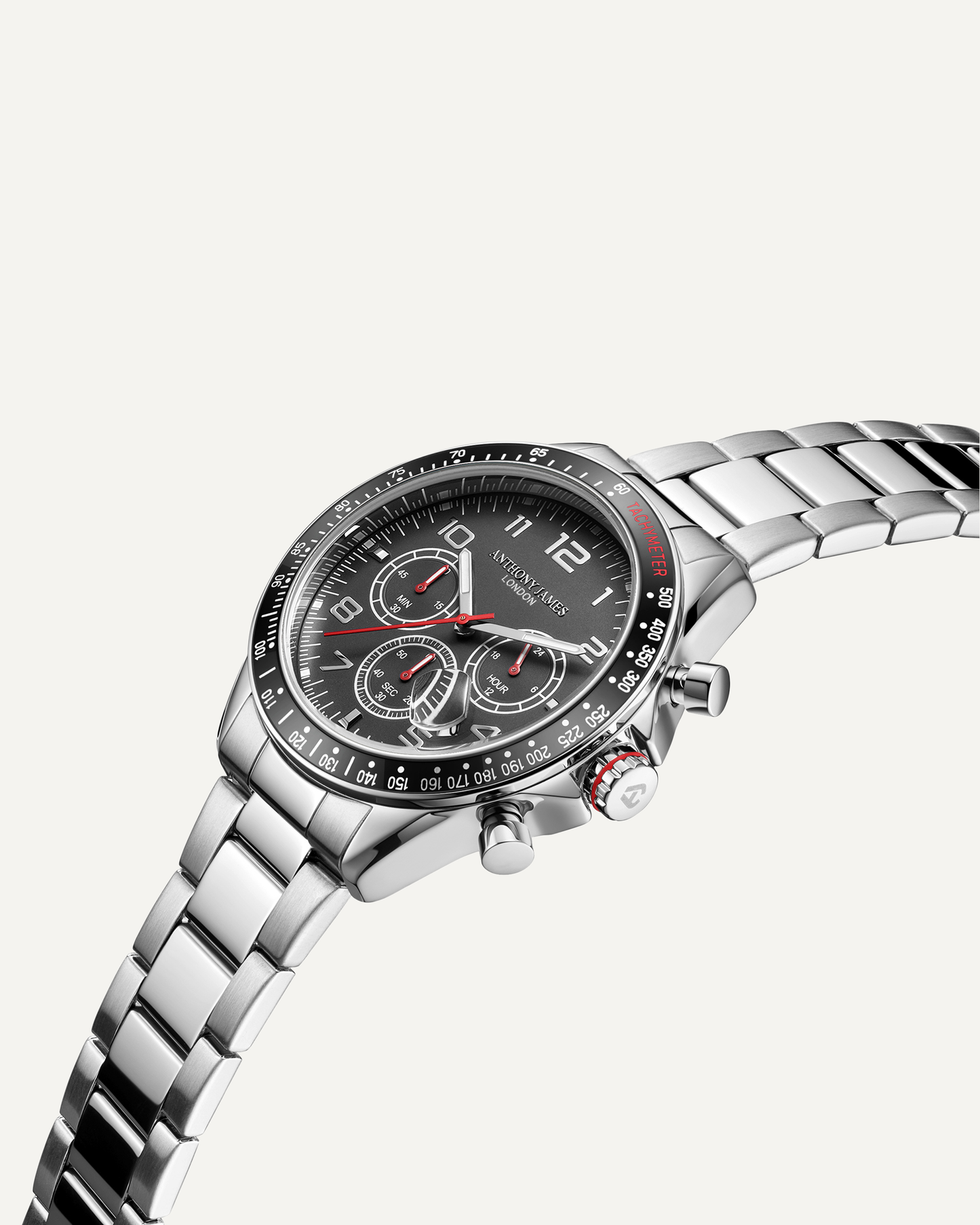 Hand Assembled Anthony James Limited Edition Tachymeter Chrono Steel Black